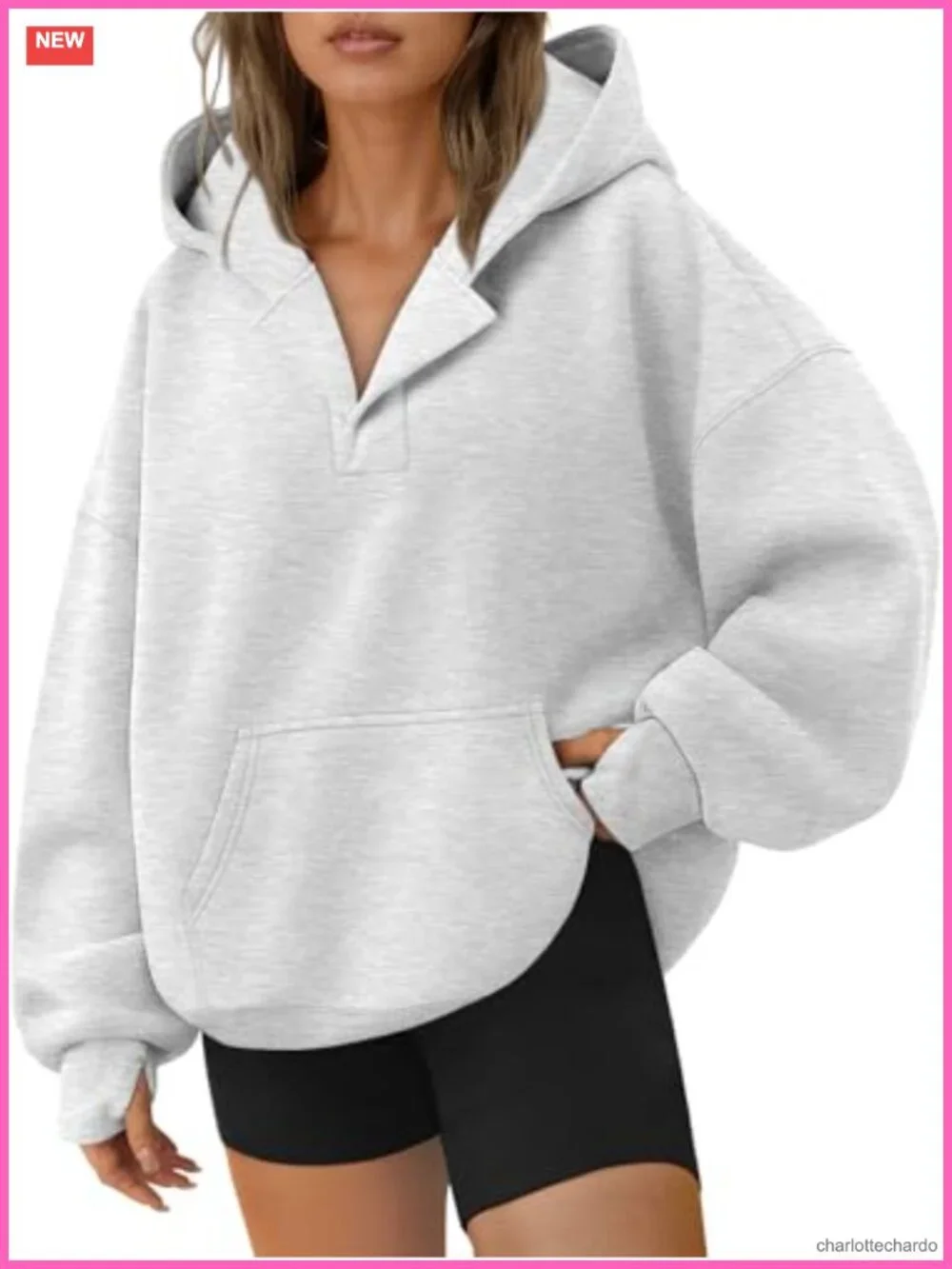 Oversized Fleece V-Neck Hoodie Sweatshirt for Women Fall Winter